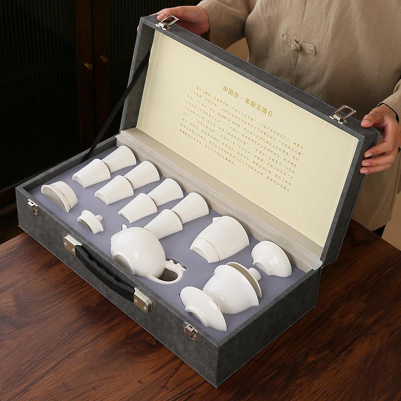 High-end suet jade white porcelain set, kung fu tea set, cover bowl travel set, company gifts can be added to customers