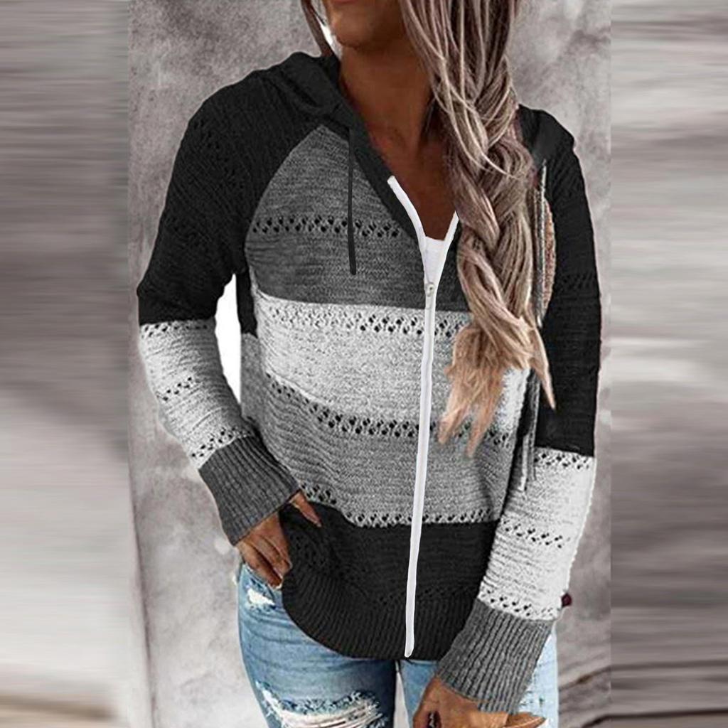Womens Zip Up Color Block Hoodie Sweaters Long Sleeve Cardigan Sweatshirts