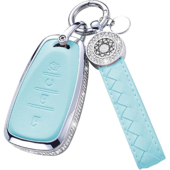for Volvo Key Fob Cover with Keychain, Blue Leather Rhinestone Key Case Protection Shell Compatible with XC90, XC60, XC40, S60, S90, V60, V90,