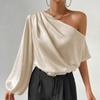 Сексуальные элегантные повседневные блузки с косым воротником и длинным рукавом, женские модные рубашки с открытыми плечами, топы, однотонные, простые, приталенные, женские блузки 26399