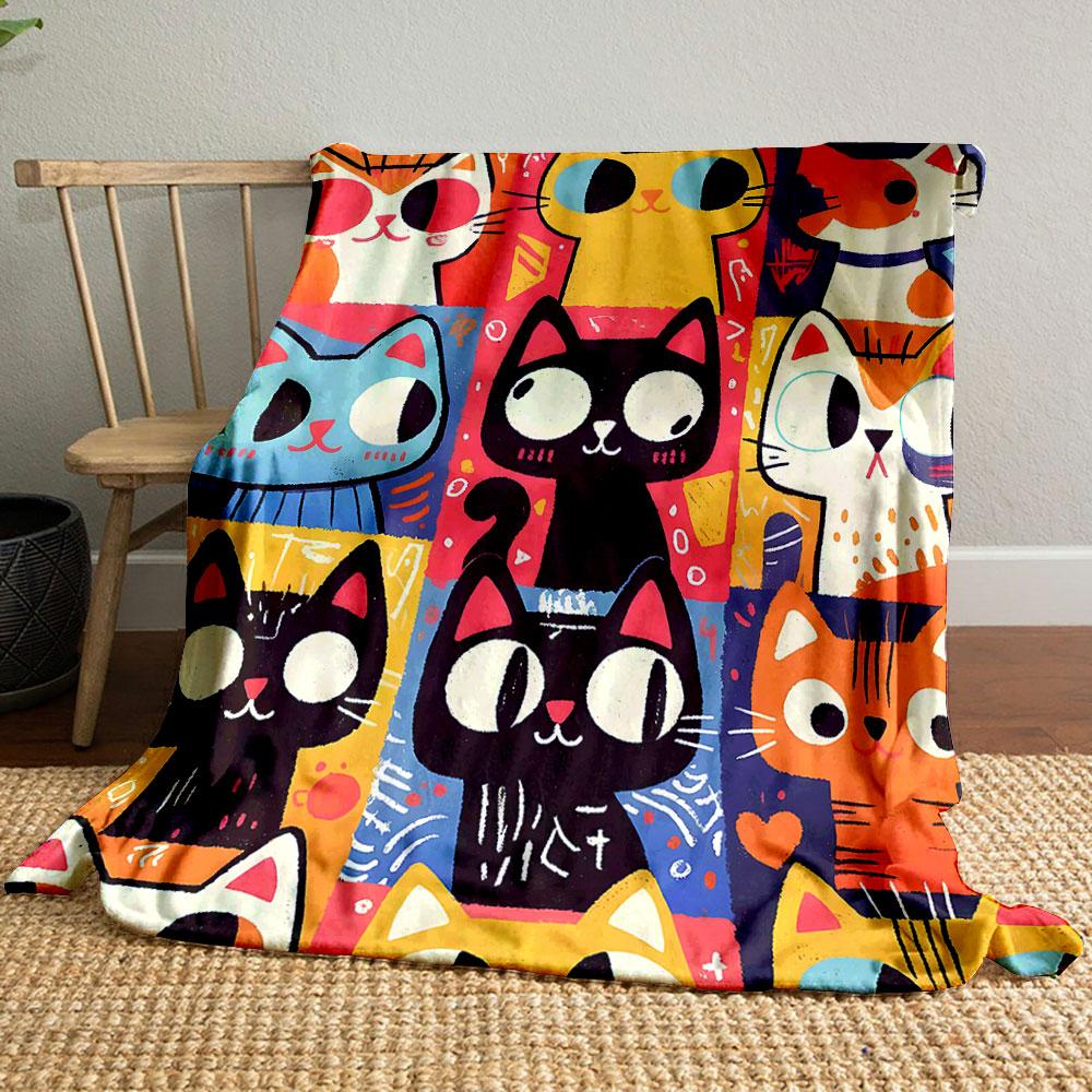 Colorful Cartoon Cats Pattern Design Patterned blanket, flannel, suitable for all seasons, home decor, warm and cozy