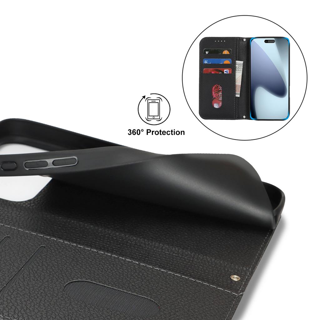 For iPhone 17 Pro Max Case Stand Wallet Litchi Texture Leather Flip Phone Cover with Strap