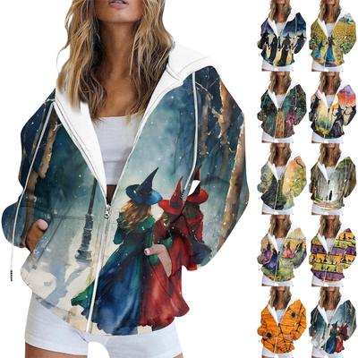 Женская повседневная толстовка с длинным рукавом и принтом Хэллоуина, куртка с карманом и застежкой-молнией, пальто с капюшоном