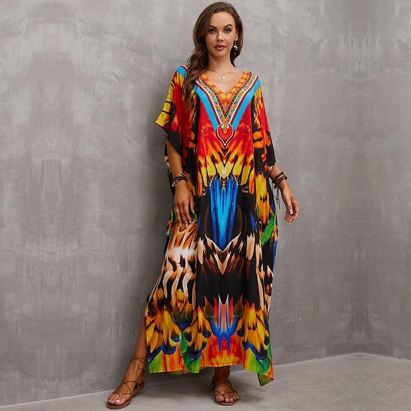 EDOLYNSA Свободный кафтан с богемным принтом, повседневное платье макси для летних каникул, женская одежда, пляжная одежда, купальный костюм, накидка Q1464