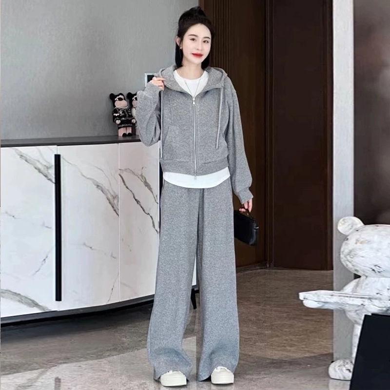 Женский спортивный костюм с флисовой подкладкой для инфлюенсеров: Худи и брюки широкого кроя для осени/зимы, для повседневной носки и бега.