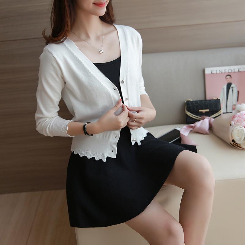 Женский трикотажный кардиган в корейском стиле с завышенной талией — длинный рукав, кружевная отделка, короткая длина.