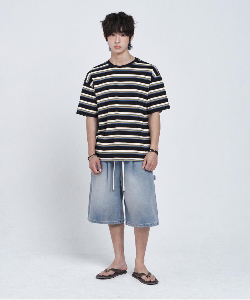 LEMAIN SECOND Bermuda Wide One-Pleat Carpenter Denim Elastic Waist Shorts [Light Wash]