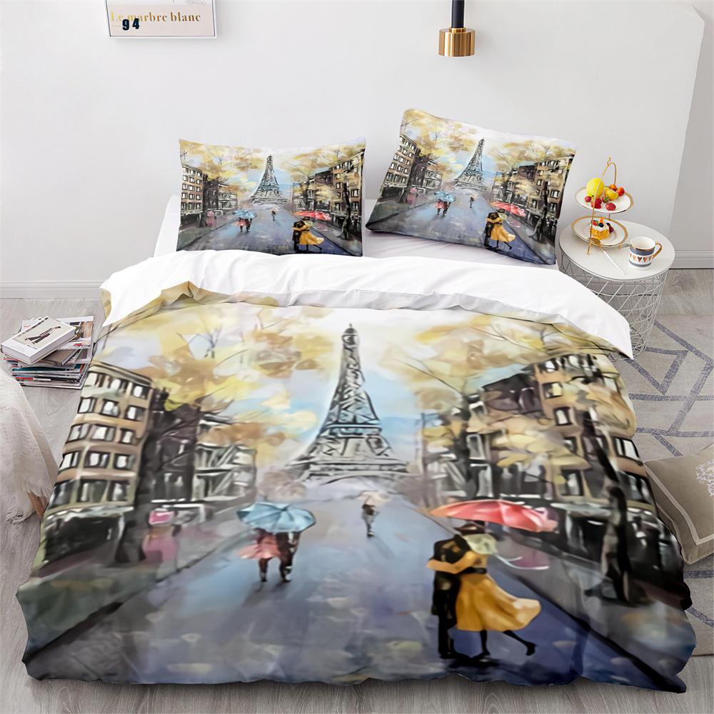 Paris Eiffel Tower Themed Duvet Cover Set City Landscape Sky Cloud Comforter Cover Home Decor Romantic Bedspread Cover King Size