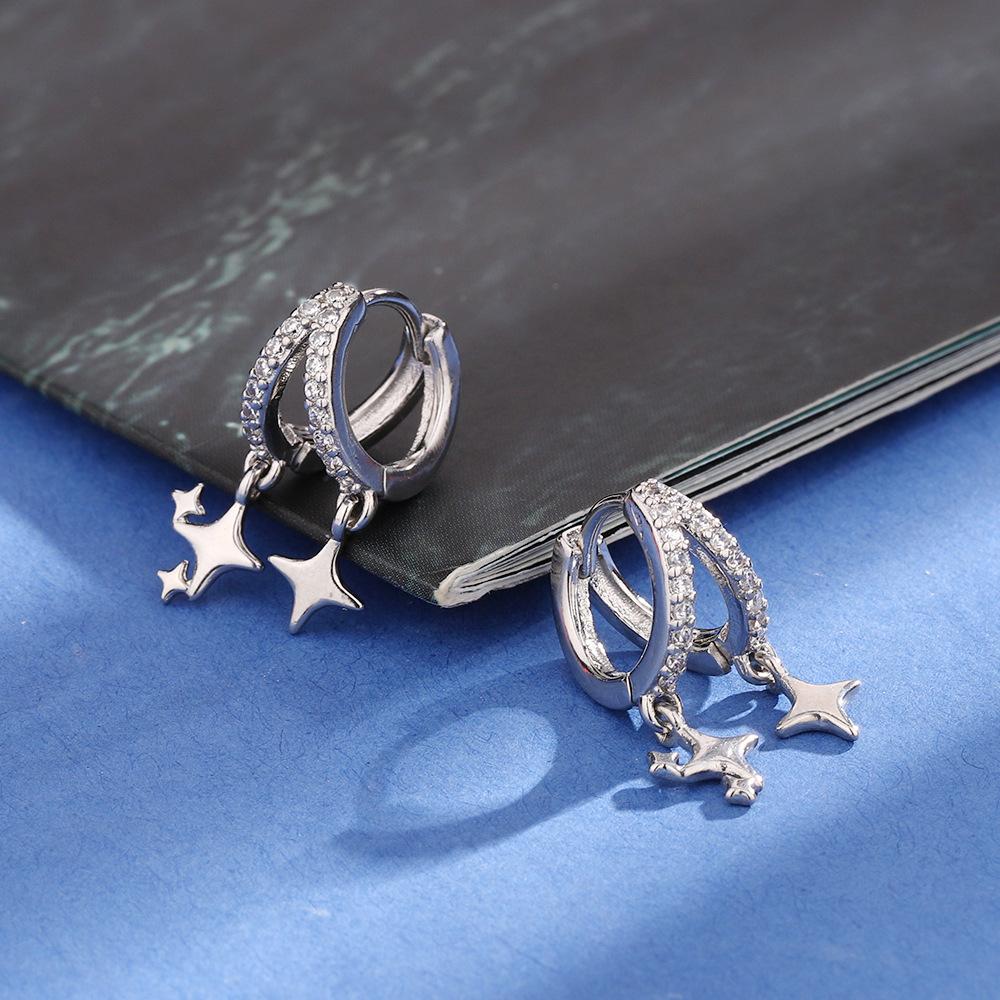 Двойная циркониевая звезда с пряжкой для ушей, модные серьги Commuter, асимметричные серьги с четырехугольной звездой и бахромой