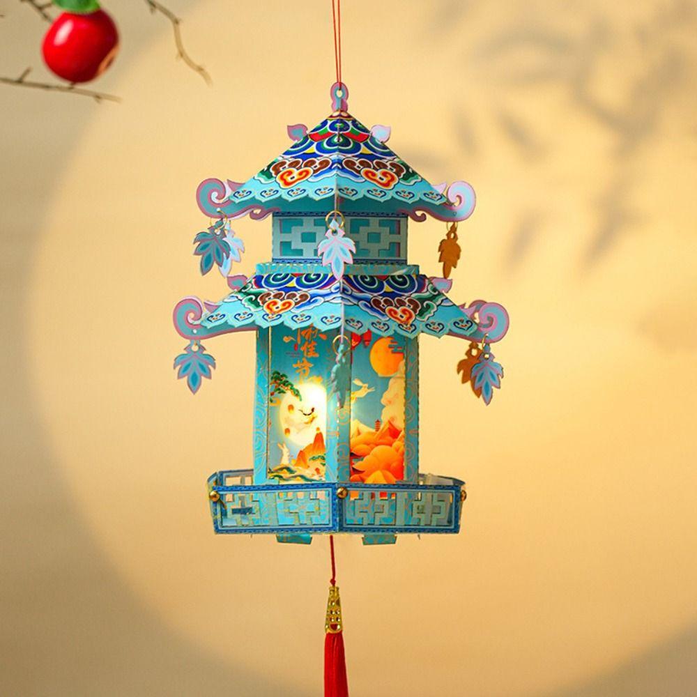 Pavilion Shape Mid-Autumn Festival Lantern Ancient-style Luminous Children's Handheld Lantern LED Light Openwork Projection