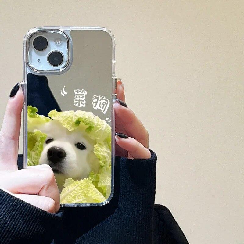 Cartoon Dog Mirror Phone Case For iPhone 11 Case iPhone 14 13 12 15 Pro Max X XR XS Max Cute Puppy Shockproof Bumper Cover Cases