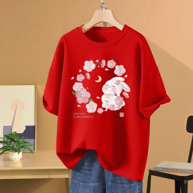 Летний повседневный топ из чистого хлопка с коротким рукавом и круглым вырезом, футболка с принтом мультяшного кролика, базовый пуловер S-5XL