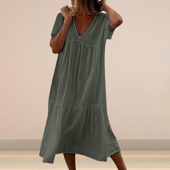 Женское летнее платье Свободное лоскутное плиссированное трапециевидное платье сплошного цвета с V-образным вырезом и короткими рукавами до середины икры Повседневная повседневная одежда Платье миди