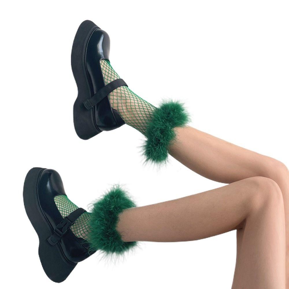 Grid Hollow Out Socks Bright Color Socks Women Y2K Feather Fishnet Stockings  Music Festival