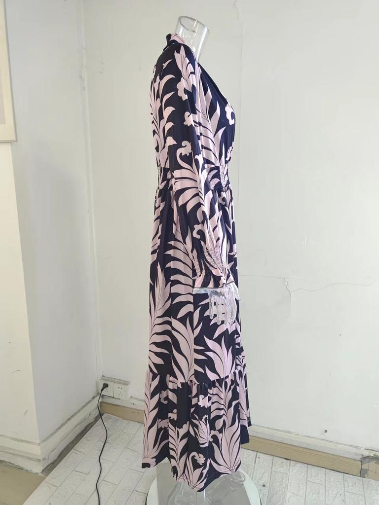 Женское длинное платье с V-образным вырезом и длинным рукавом в стиле бохо с принтом больших размеров