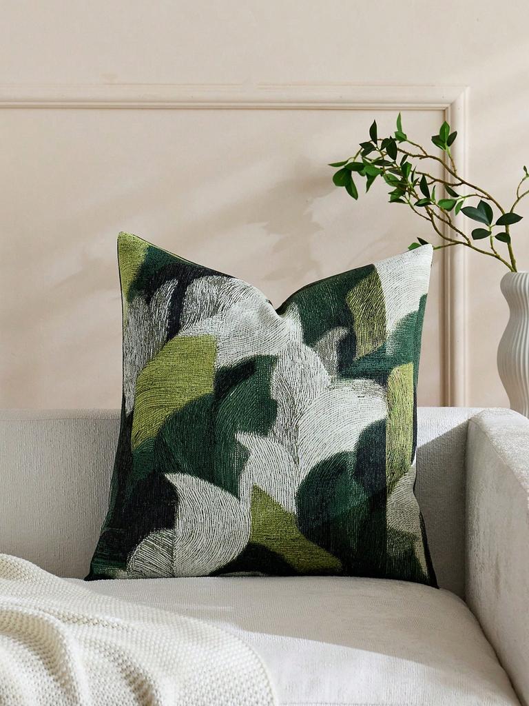 1pc Wabi-Sabi Green Abstract Pillow Cover, Polyester 2D Double-Sided Print, Textured Leaf Pattern Design, Luxury Home Accent