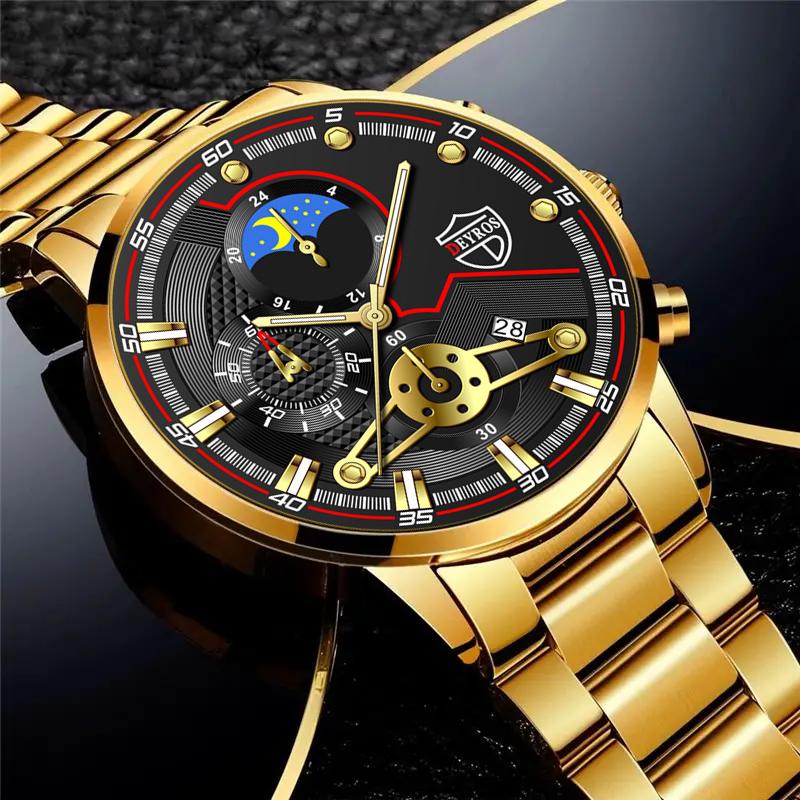 Модные мужские часы-календарь, мужские часы с ремешком из нержавеющей стали, деловые кварцевые наручные часы, браслет, ожерелье, набор