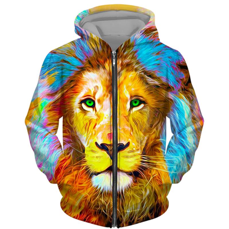 Spring Autumn Men's Zipper Hoodie Sweatshirts 3D Animal Lion Beast Printing Hooded Pullover Fashion Jacket Casual Sportswear