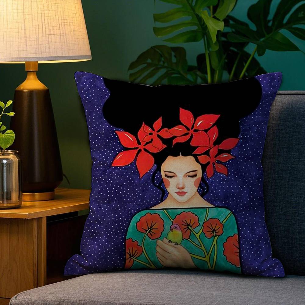 Vintage Abstract Girl Hair Flower Pillow Case Sofa Living Room Bedroom Double-sided Printing Square Cushion Nap Time Pillow Case