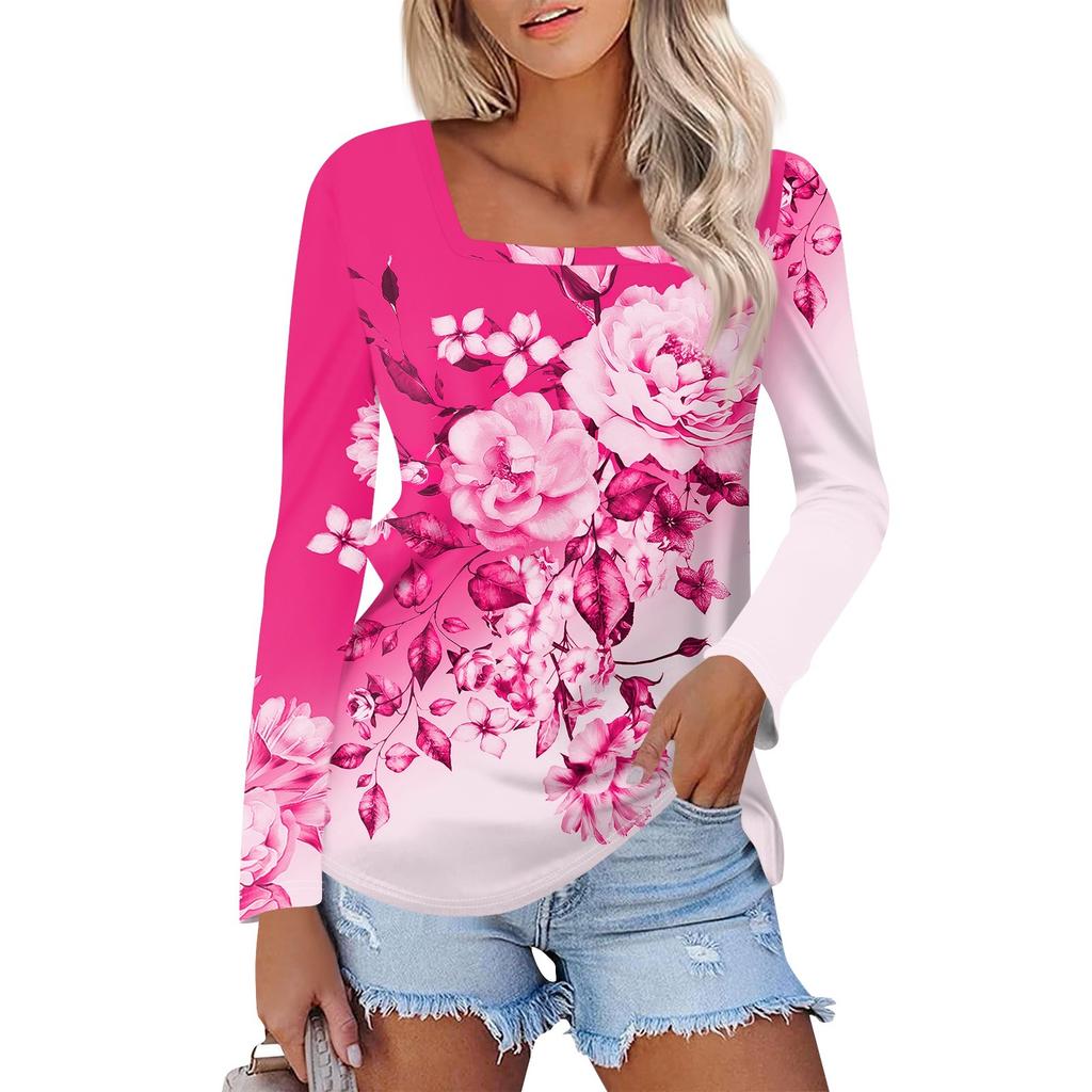 Рубашка для женщин, модная повседневная свободная футболка с квадратным вырезом и длинным рукавом с принтом, женский топ