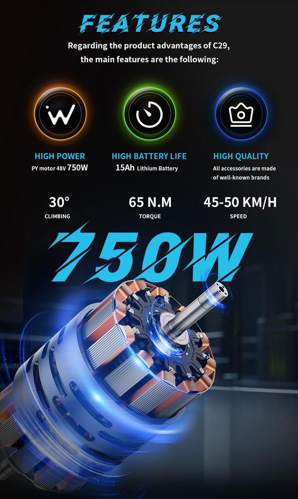 DUOTTS Электровелосипед C29, бесщеточный двигатель 750 Вт, 21-скоростная система переключения передач Shimano, аккумулятор 15 Ач, запас хода 50-60 км