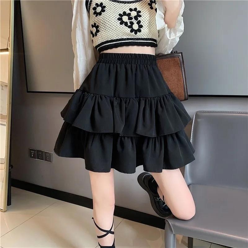 Black White Mini Skirts Women Spring Summer All-match Double Layer Cake Skirt Elastic High Waist Loose Ruffles Tutu Skirt