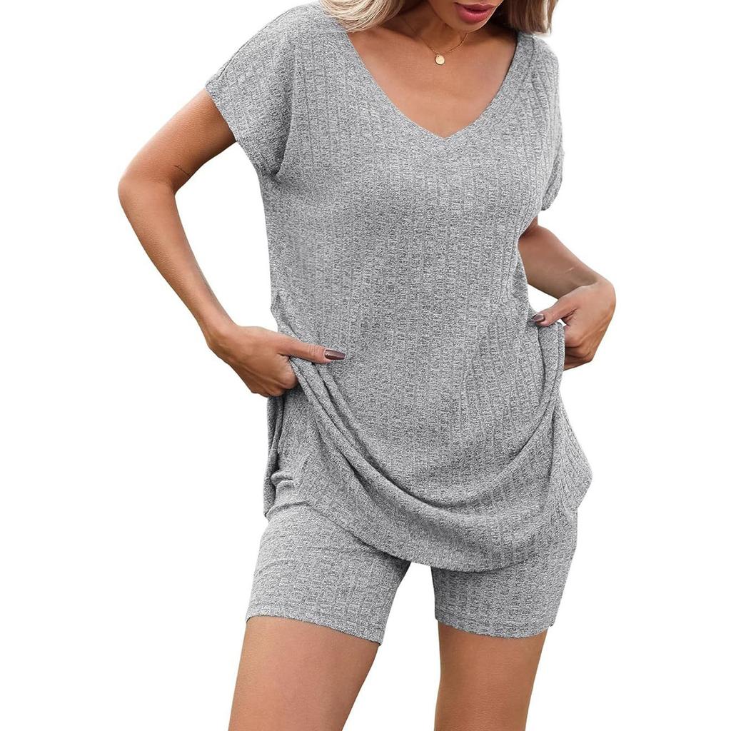 Женский летний комплект из двух частей с шортами, трикотажный домашний спортивный костюм с V-образным вырезом