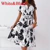 Summer Women Shirt Lace-Up Belt Dress V Neck Button Short Sleeve Party Dress Vintage Pattern Print A-Line Midi Dresses