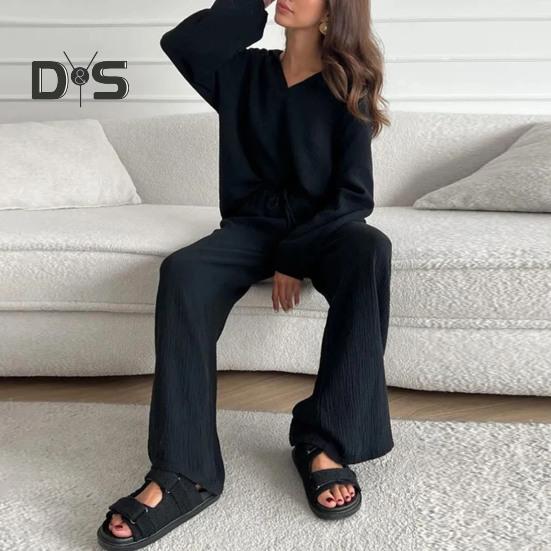 Женский повседневный комплект из двух предметов, свободный повседневный топ с длинными рукавами и штаны на шнуровке, женский наряд для отдыха с отложным воротником