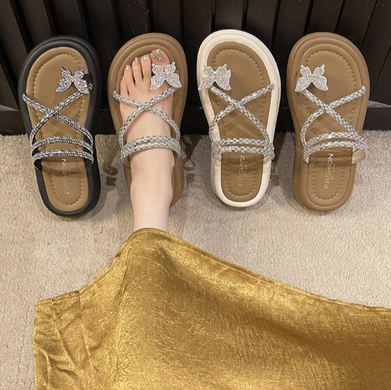 Винтажные тапочки на платформе, женская летняя одежда, новые римские пляжные сандалии со шнуровкой и ярким ромбовидным носком