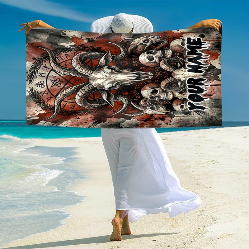 1PC Custom Name Ritualistic Skull Artwork Beach Towel Highly Absorbent And Sand-Resistant Towel for Swimming, Pool, Yoga, And Travel Lightweight