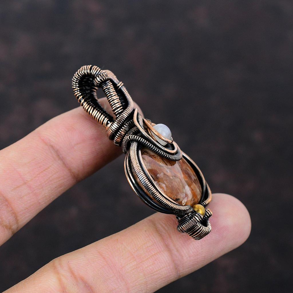 Подвеска из драгоценного камня Sunstone, подвеска из медной проволоки, подвеска из радужного лунного камня, ручная работа, медные украшения, подарок для женщин, ювелирные изделия из проволоки