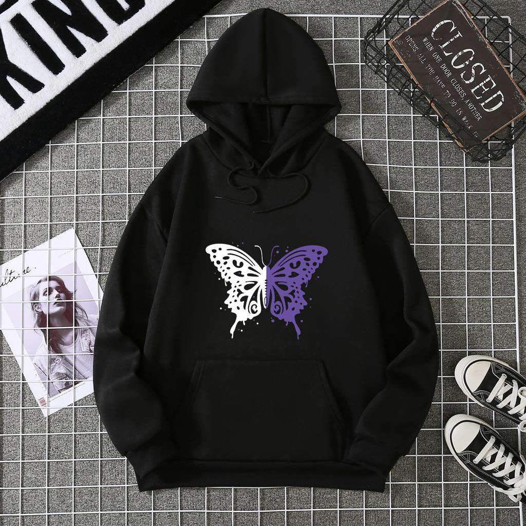 Top Casual Soft Women Hoodie White and Purple Butterfly Personality Funny Women Fashion Wool Hoodie Loose Sports Shirt