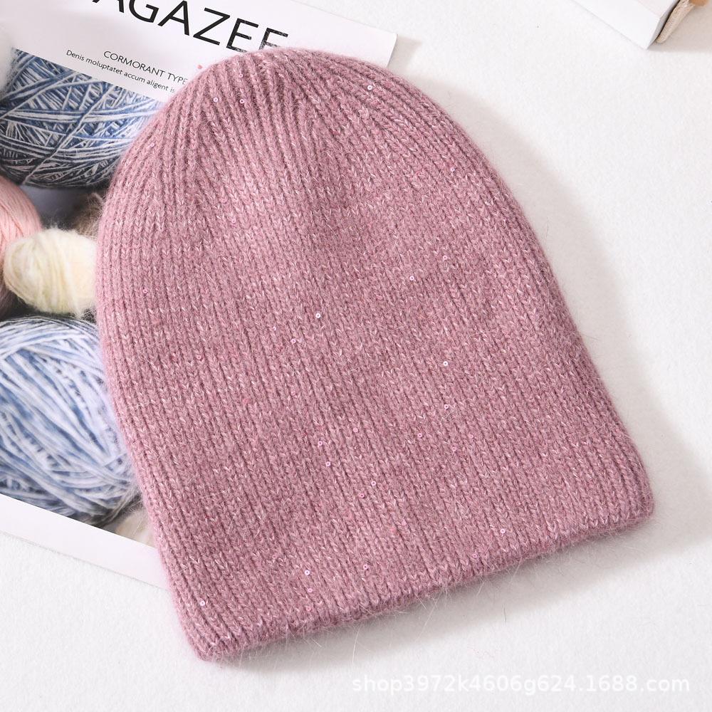 Autumn and winter solid color small sequins soft men's and women's warm wool hats Angola long rabbit hair knitted hat rabbit down cold hat