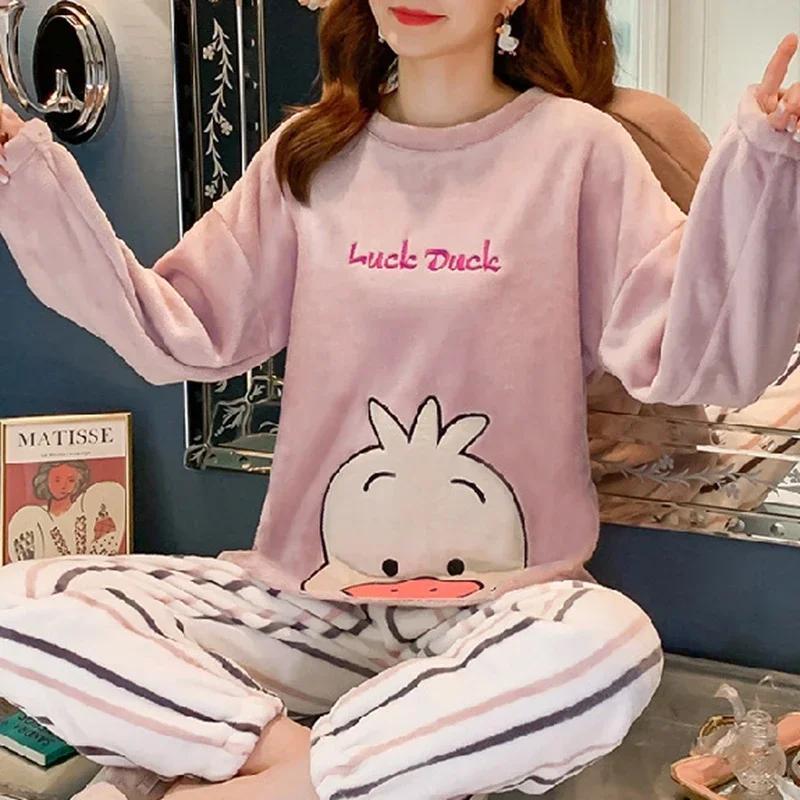 Winter Women Flannel Pajamas Polar Bear Print Teddy Sleepwear Velvet Loungewear Thick Warm Pijamas