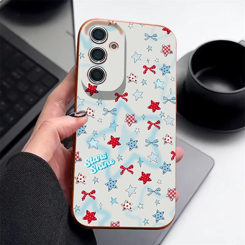 Чехол со звездочками и бантами для Samsung Galaxy A57 A37 A17 A56 A36 A26 A16 A55 A35 A15 A54 A34 A14 5G Силиконовый чехол с текстурой кожи