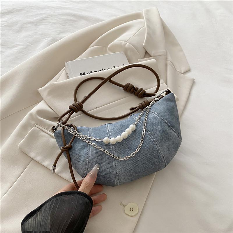 Denim bag bag women's 2025 summer new women's bag niche pearl chain armpit bag one-shoulder crossbody dumpling bag