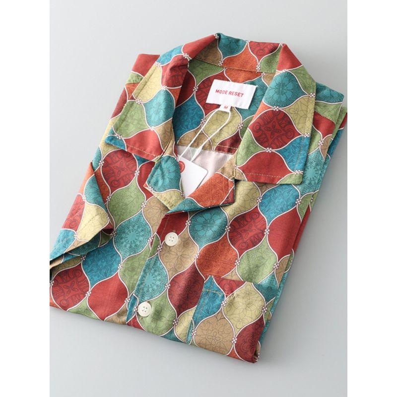 Рубашка с кубинским воротником Мужская с коротким рукавом Ретро Летняя Свободного кроя Ледяной шелк Модная Модная Куртка Экспорт Экспорт Мужская рубашка