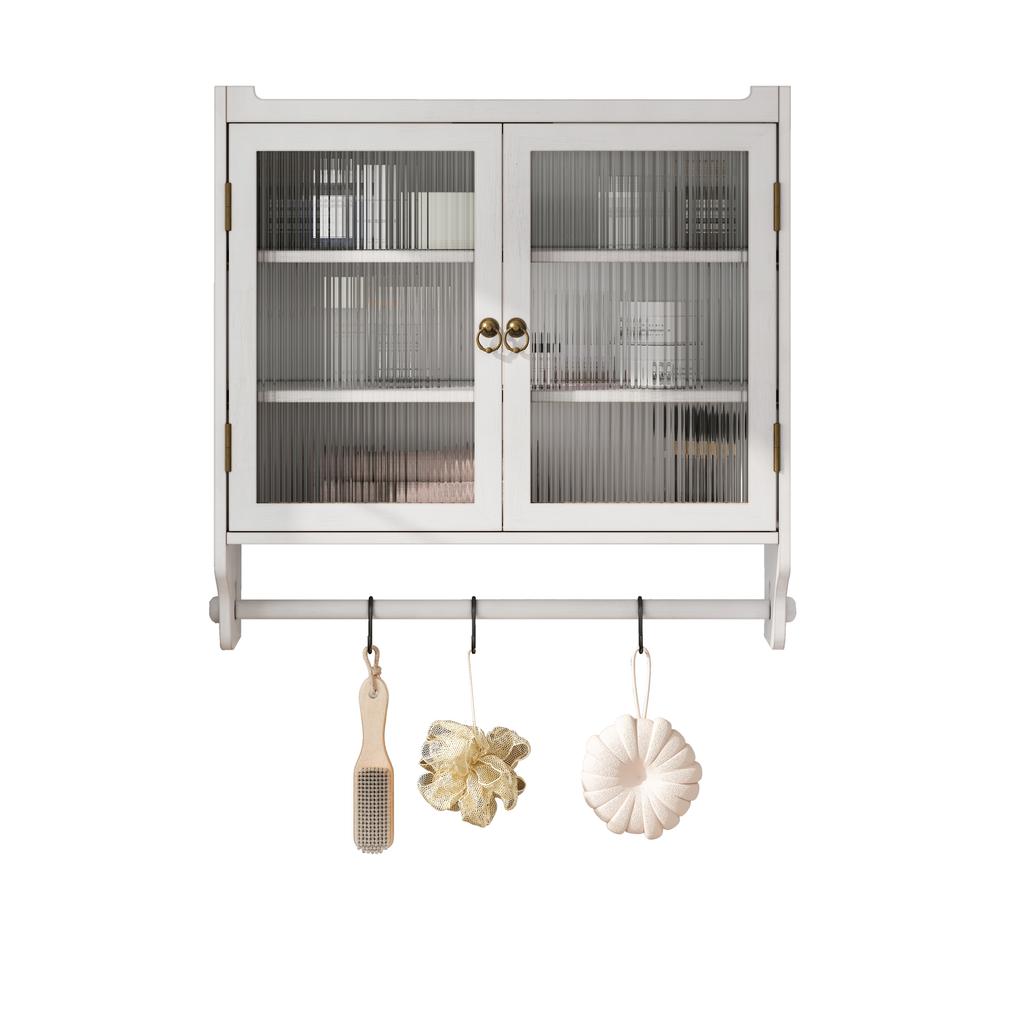 60CM Glass Door Vintage Double Door Wall Cabinet with Three Tiers of Storage with Towel Rack, for Bathroom, Kitchen,Dining Room, White Washed