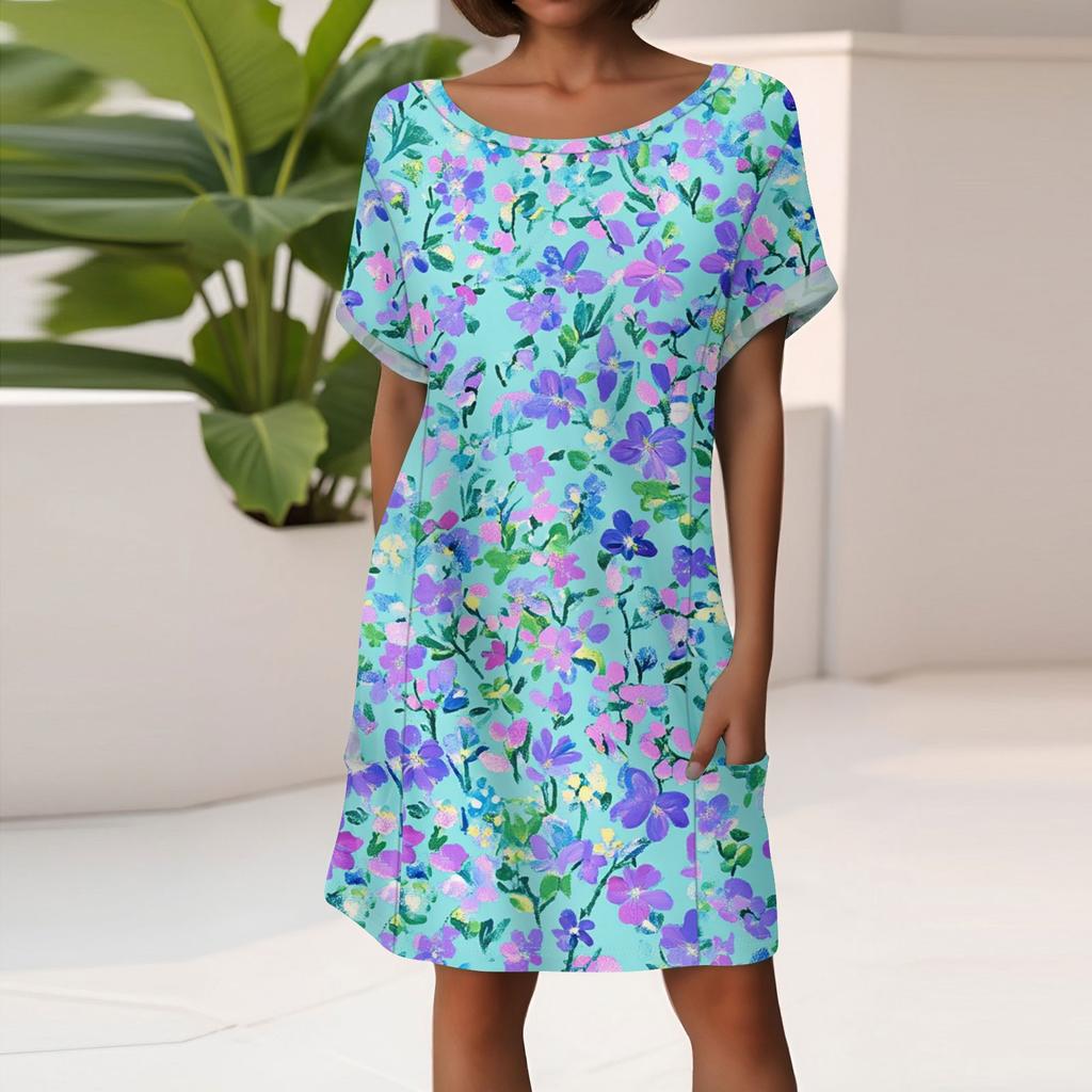 Women's Fashion Short Sleeve Dress With Pockets Floral Print Casual Beach Dress