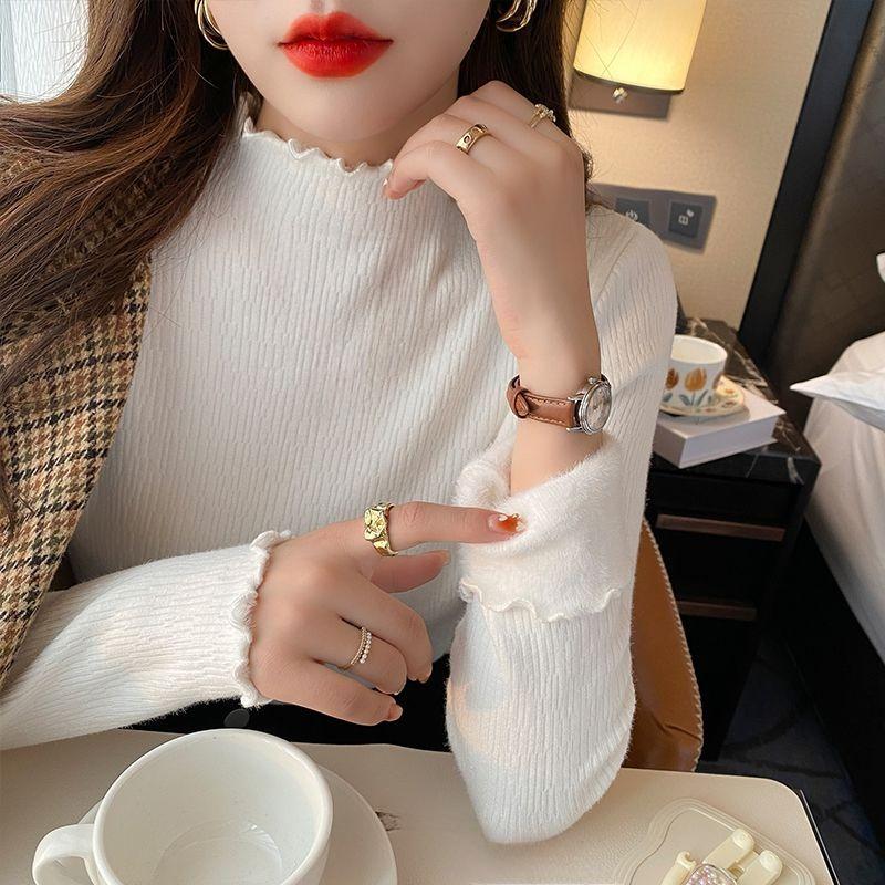 Женская зимняя утепленная тонкая водолазка с длинным рукавом из бархата, мягкий трикотажный пуловер, повседневная термовязаная рубашка