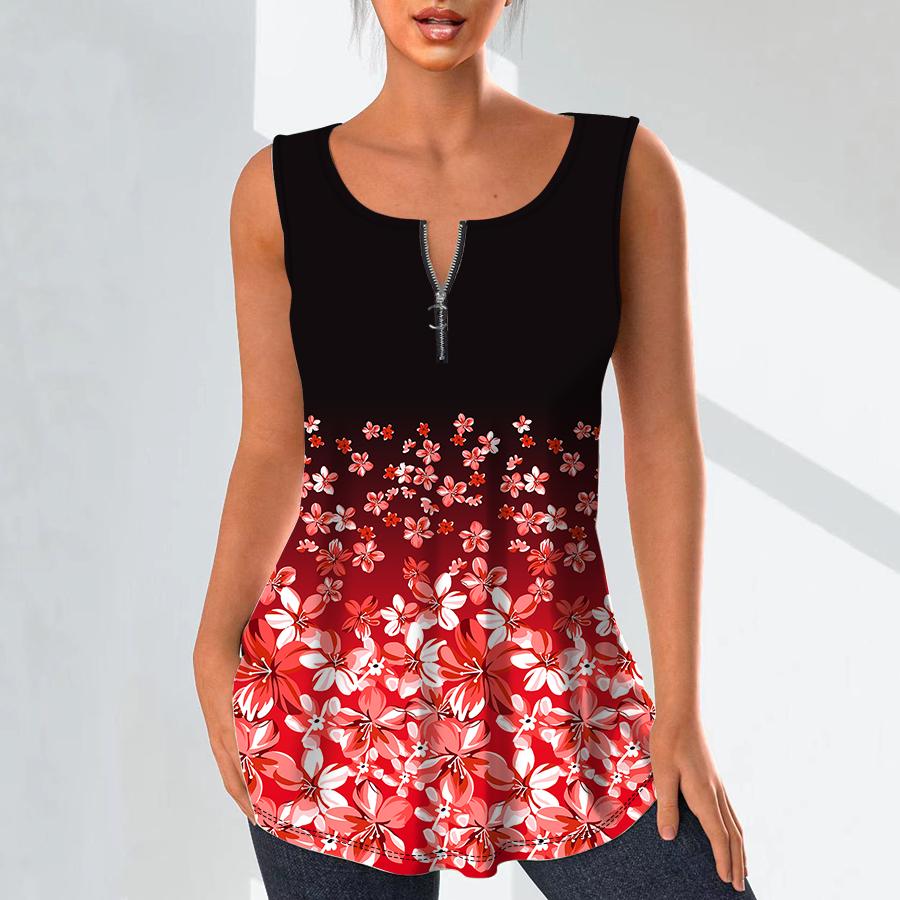 Женская мода, рубашки с v-образным вырезом, повседневные топы, футболка, женский жилет с 3D красным маленьким цветочным принтом, блузка без рукавов больших размеров, топы на бретелях