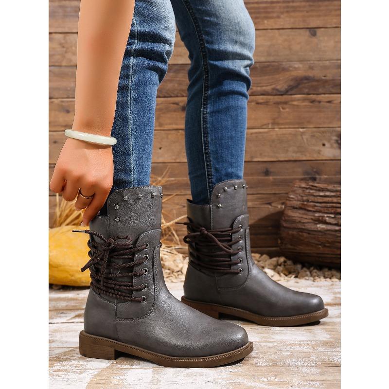 Women's Autumn British Style Vintage Distressed Studded Short Boots - Plus-Size, Lace-Up, Retro