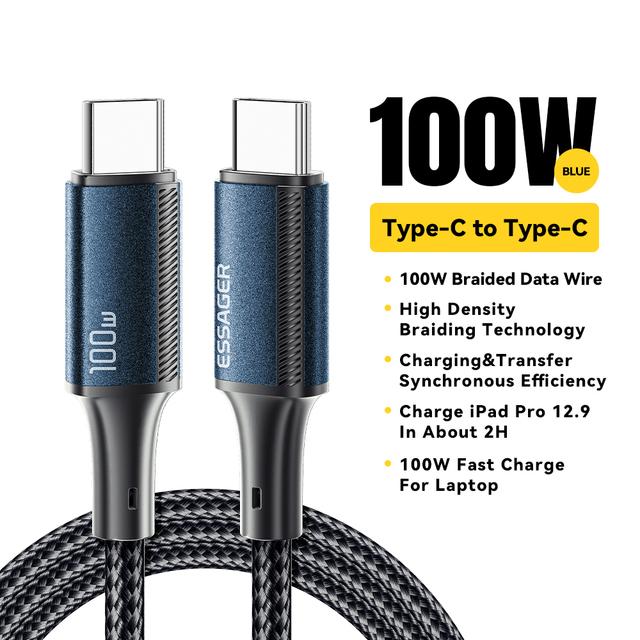 Кабель Essager Type C to Type C, 100 Вт PD, быстрая зарядка, зарядное устройство USB C — USB C, провод от C до C для MacBook iPad, Xiaomi Realme POCO