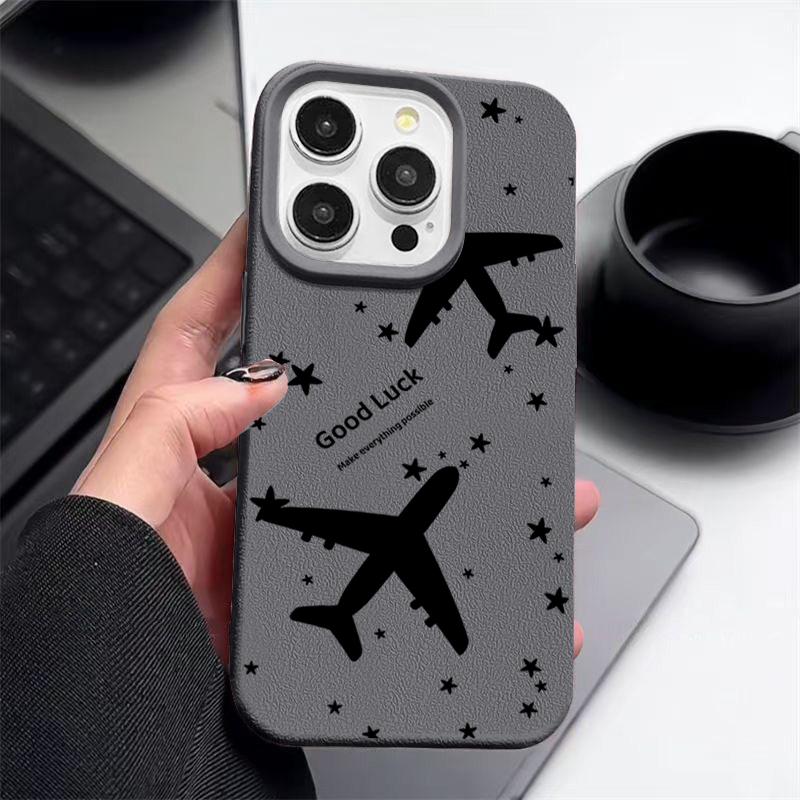 Чехол из ТПУ с рисунком самолета и текстурой из кожи для iPhone 16 Pro Max 15 Pro 14 13 12 11, мягкий матовый противоударный, защита линз, тонкий чехол для телефона