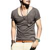 Мужская футболка с большим V-образным вырезом, тонкая, однотонная, приталенная, мягкая, с короткими рукавами, средней длины