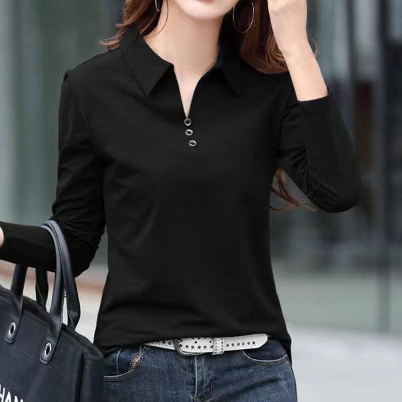 Футболка офисная женская весенняя повседневная футболка с длинным рукавом и лацканами осенняя свободная корейская стильная футболка больших размеров