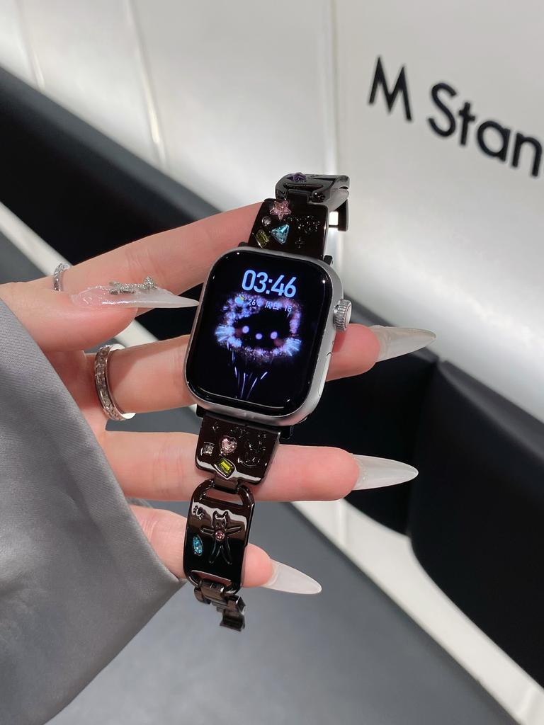 Cute Cat Glossy Metal Band For iWatch Ultra 9 8 7 42mm 45mm 49mm Diamond Bracelet Strap For Apple Watch 38mm 40mm 41mm 6 5 SE 4