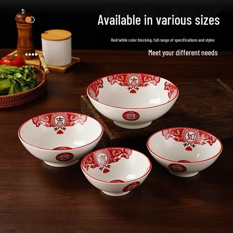 Retro Ceramic Soup & Noodle Bowl Set: Stir-fried Pork Bowl, Good Luck Stir-fry Plate, Snack Plate, Kitchen Utensils