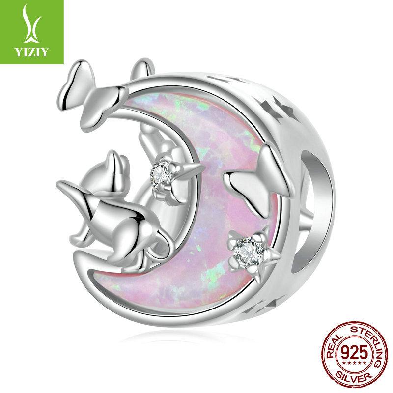 Опаловая Луна Кошка Сделай сам Браслет Бусины Рассыпные Бусины, Милое Девичье Сердце S925 Стерлинговое Серебро Веревочное Украшение